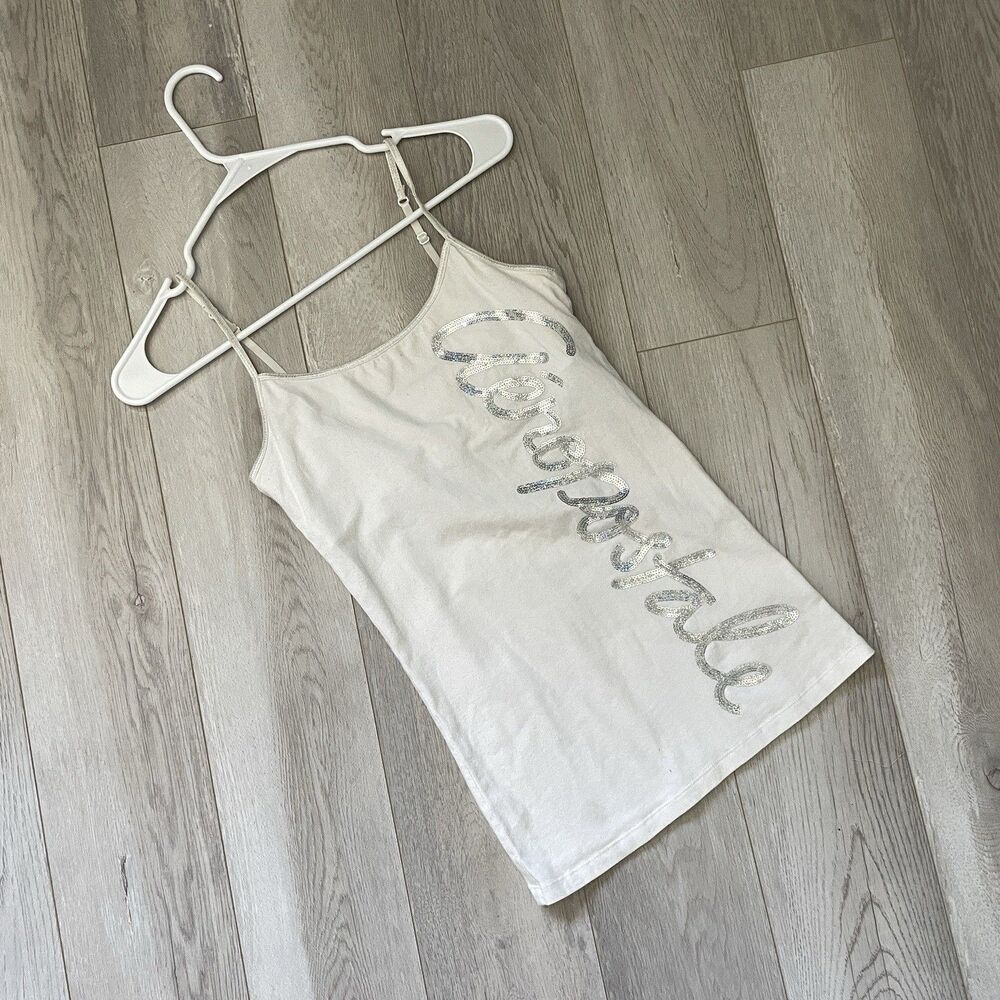 Aeropostale Y2K Tank Top sequin cursive cami womens White medium vintage kidcore